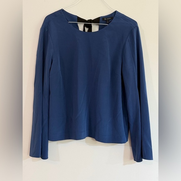NWT St. John Women's Large Blue Silk Blouse Black Tie Slit Sleeve Cocktail Party - Picture 2 of 11